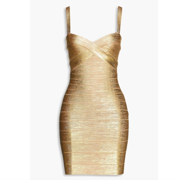 green emerald velvet dress Herv Lger Kaitlyn Bandage Dress with Gold Sequins Size XS